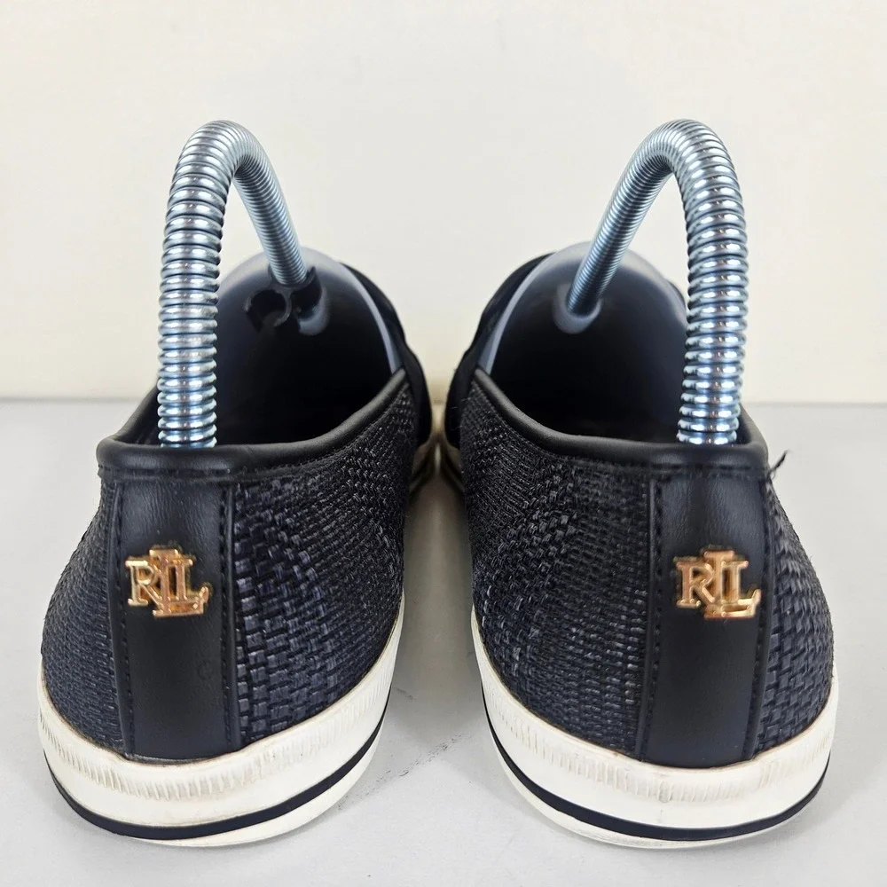 LRL Lauren Ralph Lauren Jinny Womens 7 Black Slip On Sneakers Shoes Gold Logo